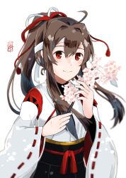 Rule 34 | 1girl, absurdres, alternate hair length, alternate hairstyle, black hakama, branch, brown hair, cherry blossoms, closed mouth, hair between eyes, hakama, highres, holding, holding branch, ise (kancolle), ise kai ni (kancolle), japanese clothes, jitsukawa ashi, kantai collection, long hair, long sleeves, ponytail, red eyes, ribbon-trimmed sleeves, ribbon trim, signature, simple background, smile, solo, upper body, very long hair, white background, wide sleeves