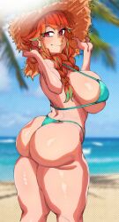 Rule 34 | 1girl, ass, beach, bikini, blush, braid, breasts, green hair, hat, heart, heart-shaped pupils, highres, hololive, hololive english, huge ass, large breasts, long hair, looking at viewer, makinakid, multicolored hair, orange hair, outdoors, palm leaf, purple eyes, smile, solo, straw hat, swimsuit, symbol-shaped pupils, takanashi kiara, takanashi kiara (casual), thick thighs, thighs, twin braids, virtual youtuber