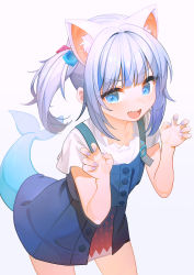 Rule 34 | 1girl, animal ear fluff, animal ears, bare legs, blouse, blue dress, blue eyes, blue hair, blue nails, buttons, cat ears, claw pose, commentary, cowboy shot, dress, english commentary, fins, fish tail, gawr gura, gawr gura (casual), hands up, highres, hololive, hololive english, leaning forward, light purple hair, multicolored hair, nail polish, open mouth, pinafore dress, ruien (wu jui-en), shark tail, sharp teeth, shirt, short hair, short sleeves, side ponytail, simple background, sleeveless, sleeveless dress, solo, streaked hair, tail, teeth, undershirt, upper teeth only, virtual youtuber, white background, white hair, white shirt