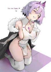 Rule 34 | 1girl, absurdres, blush, breasts, cape, chest jewel, cleavage, dress, elbow gloves, gem, gloves, grey hair, highres, hololive, hololive english, large breasts, looking at viewer, momseki (koseki bijou), multicolored hair, purple eyes, purple gemstone, revealing clothes, short hair, smile, solo, tanukidraws, thighhighs, virtual youtuber, white background, white dress