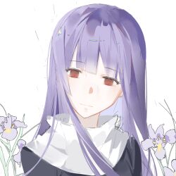 Rule 34 | 1girl, asagami fujino, chromatic aberration, flower, highres, hime cut, kanmuki noboru, kara no kyoukai, long hair, looking at viewer, purple hair, red eyes, reien girl&#039;s academy school uniform, school uniform, smile, white background