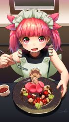 Rule 34 | 1girl, :d, bare arms, blunt bangs, commentary request, food, fork, headdress, highres, holding, holding fork, indoors, kemurikusa, long hair, looking at viewer, open mouth, pink eyes, pink hair, plate, rina (kemurikusa), signature, smile, solo, twintails, welt (kinsei koutenkyoku)