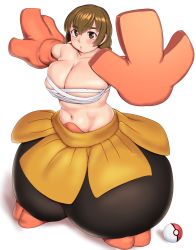 Rule 34 | 1girl, blush, breasts, brown eyes, brown hair, budget sarashi, cleavage, collarbone, commentary request, commission, cosplay, creatures (company), eyelashes, full body, game freak, gen 3 pokemon, hair between eyes, hariyama, hariyama (cosplay), highres, huge breasts, large breasts, long hair, looking at viewer, mahouka koukou no rettousei, navel, nintendo, ono haruka, orizen, outstretched arms, pixiv commission, plump, poke ball, poke ball (basic), pokemon, sarashi, solo, standing