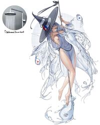 Rule 34 | 1girl, bare arms, bare shoulders, barefoot, black ribbon, blue eyes, blue gemstone, breasts, detached sleeves, dress, english text, feet, fish, floating, full body, gem, grey hair, hands up, hat, hat ornament, heart, heterochromia, highres, holding, holding polearm, holding weapon, legs, liquid hair, long hair, looking at viewer, medium breasts, orange eyes, original, personification, photo inset, polearm, pouch, red eyes, red gemstone, reference inset, ribbon, rinotuna, robe, shower head, sideboob, smile, soles, solo, toes, very long hair, water, weapon, white background, white dress, white robe, witch hat