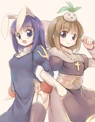 Rule 34 | 2girls, :d, animal ears, blue dress, blue eyes, blush, breasts, brown hair, closed mouth, commentary request, cowboy shot, cross, cross necklace, dress, emurin, fake animal ears, garter belt, grey dress, grey eyes, habit, holding, jewelry, juliet sleeves, locked arms, long hair, long sleeves, looking at viewer, medium breasts, multiple girls, necklace, open mouth, priest (ragnarok online), priest (tree of savior), puffy sleeves, rabbit ears, ragnarok online, simple background, small breasts, smile, thighhighs, tree of savior, white garter belt