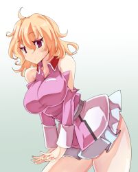 Rule 34 | 1girl, bare shoulders, blonde hair, breasts, brown eyes, commentary request, dress, frilled dress, frills, gradient background, grey background, gundam, gundam seed, gundam seed destiny, jyaoh0731, large breasts, leaning forward, looking at viewer, messy hair, shirt, solo, stellar loussier