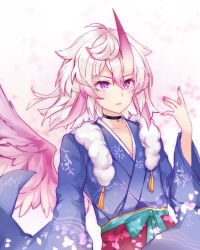 Rule 34 | absurdres, bad id, bad pixiv id, black choker, blue kimono, choker, closed mouth, collarbone, commentary request, copyright request, feathered wings, grey hair, hair between eyes, hand up, highres, horns, japanese clothes, kimono, kiri sakura, long hair, long sleeves, looking away, multicolored hair, nail polish, obi, pink hair, pink wings, purple eyes, purple nails, sash, single horn, single wing, solo, streaked hair, upper body, virtual youtuber, wide sleeves, wings