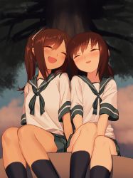 Rule 34 | 10s, 2girls, blew andwhite, blue sky, blush, brown hair, cloud, closed eyes, fubuki (kancolle), hair ornament, highres, i-401 (kancolle), kantai collection, multiple girls, neckerchief, open mouth, ponytail, school uniform, serafuku, shirt, side-by-side, sitting, skirt, sky, smile, tree