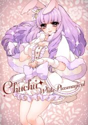 Rule 34 | 1girl, animal ears, bad id, bad pixiv id, big hair, blush, bow, breasts, capelet, character name, chuchu (show by rock!!), cleavage, detached sleeves, dress, drill hair, eyelashes, floral background, frilled dress, frills, fur trim, hat, long hair, looking at viewer, mamaloni, pink background, purple bow, purple eyes, purple hair, rabbit ears, show by rock!!, smile, solo, standing, top hat, white capelet, white dress, white hat