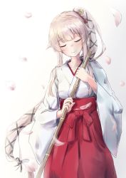 Rule 34 | 1girl, alternate costume, aruka, broom, closed eyes, highres, holding, holding broom, japanese clothes, kantai collection, long hair, miko, pink hair, ponytail, simple background, solo, very long hair, white background, yura (kancolle)
