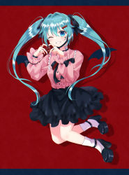 Rule 34 | 1girl, ;d, bandaid, bandaid on neck, bat wings, blue eyes, blue hair, blush, center frills, collared shirt, facial mark, frills, grin, hair ornament, hair ribbon, hairclip, hatsune miku, heart, heart facial mark, heart hair ornament, heart hands, high heels, highres, jewelry, jumping, long hair, long sleeves, looking at viewer, multiple rings, nail polish, neck ribbon, one eye closed, open mouth, puffy long sleeves, puffy sleeves, ribbon, ring, rooibos, shirt, shirt tucked in, skirt, sleeve bow, smile, socks, solo, strappy heels, twintails, vampire (vocaloid), very long hair, vocaloid, wings, wristband