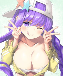 Rule 34 | 1girl, ;q, baseball cap, bb (fate), bb (fate) (all), bb (swimsuit mooncancer) (fate), bb (swimsuit mooncancer) (first ascension) (fate), bikini, braid, breasts, cleavage, closed mouth, collarbone, double v, fate/grand order, fate (series), fingernails, green background, hair between eyes, hands up, hat, head tilt, jacket, large breasts, long hair, long sleeves, looking at viewer, off shoulder, one eye closed, purple eyes, purple hair, sideways hat, smile, solo, star (symbol), swimsuit, tongue, tongue out, twitter username, tyone, v, very long hair, white bikini, white hat, yellow jacket
