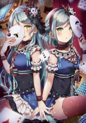 Rule 34 | 2girls, :p, absurdres, alternate hairstyle, aqua hair, bang dream!, blue ribbon, blush, card, clown mask, cross-laced clothes, detached collar, detached sleeves, frilled skirt, frilled sleeves, frills, gears, green eyes, half updo, highres, hikawa hina, hikawa sayo, holding, holding mask, jewelry, karakuri pierrot (vocaloid), looking at viewer, mask, mask on head, mia (fai1510), multiple girls, necklace, playing card, ribbon, short sleeves, siblings, sisters, sitting, skindentation, skirt, striped ribbon, thighhighs, tongue, tongue out, twins, vocaloid, wrist cuffs
