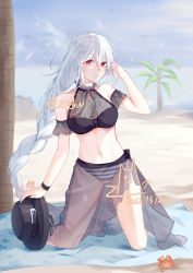 Rule 34 | 1girl, absurdres, alternate costume, arknights, bare shoulders, beach towel, bikini, black bikini, black hat, blue sky, breasts, chinese commentary, commentary request, crab, dated, day, hat, highres, kneeling, long braid, long hair, looking at viewer, medium breasts, mismatched bikini, navel, parted lips, red eyes, sarong, silver hair, sky, solo, specter (arknights), stomach, striped bikini, striped clothes, swimsuit, thighs, towel, tree, unworn hat, unworn headwear, very long hair, z miao