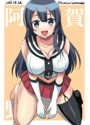 Rule 34 | 10s, 1girl, :d, agano (kancolle), alternate eye color, alternate hair color, anchor symbol, asymmetrical legwear, bare shoulders, barefoot, blue eyes, blush, breasts, character name, cleavage, dated, female focus, garter straps, gloves, kantai collection, kondou ryunosuke, large breasts, long hair, looking at viewer, midriff, miniskirt, navel, necktie, open mouth, pleated skirt, school uniform, serafuku, single thighhigh, skirt, smile, solo, thighhighs, twitter username, uneven legwear, v arms, white gloves