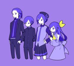 Rule 34 | 2boys, 2girls, absurdres, arm grab, arms behind back, ascot, beret, collared shirt, commentary request, cropped legs, defosuke, defota, detached sleeves, dress, dress pants, expressionless, family, formal, gakuran, hair ribbon, hair slicked back, half updo, hand on own hip, hat, hiding, hiding behind another, highres, ike (soramushix3), jacket, jitome, lapels, lineup, long hair, long sleeves, looking ahead, medium hair, multiple boys, multiple girls, necktie, open clothes, open jacket, open mouth, pleated skirt, purple background, purple hair, purple necktie, purple shirt, purple theme, ribbon, school uniform, shirt, short hair, short ponytail, signature, simple background, skirt, sleeveless, sleeveless dress, spot color, standing, suit, suit jacket, utane oto, utane uta, utau, yellow ascot, yellow ribbon