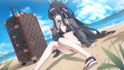 Rule 34 | 1girl, bags under eyes, beach, bikini, black bikini, black hair, blue archive, blue eyes, breasts, cardigan, day, flip-flops, grey cardigan, hair between eyes, hairband, halo, highres, jewelry, long hair, long sleeves, looking at viewer, mzrz, navel, necklace, ocean, official alternate costume, open cardigan, open clothes, open mouth, outdoors, pendant, ponytail, purple hairband, sandals, sitting, small breasts, solo, swimsuit, ui (blue archive), ui (swimsuit) (blue archive), very long hair, yellow halo