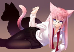 Rule 34 | 1girl, alternate hairstyle, animal ears, bad id, bad pixiv id, bespectacled, blue eyes, breasts, cat ears, cat girl, cat tail, female focus, glasses, gradient background, kemonomimi mode, legs, long hair, lying, megurine luka, nana mikoto, on side, pantyhose, pink hair, secret (vocaloid), skirt, smile, solo, tail, vocaloid