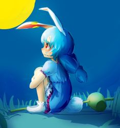 Rule 34 | 1girl, animal ears, bloomers, blue dress, blue hair, rabbit ears, rabbit tail, commentary request, dress, earclip, eruei, full moon, grass, highres, kine, hugging own legs, looking up, mallet, moon, night, night sky, no shoes, one-hour drawing challenge, profile, red eyes, sad, seiran (touhou), short dress, short twintails, on ground, sky, socks, solo, tail, tearing up, touhou, twintails, underwear