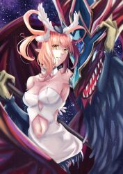 Rule 34 | 1girl, absurdres, armored animal, bare shoulders, black wings, breasts, claws, cleavage, clothing cutout, dragon, duel monster, feathered wings, feathers, hair rings, harpie&#039;s pet dragon, harpie channeler, harpy, highres, holding, holding staff, long hair, looking at viewer, medium breasts, monster girl, navel, navel cutout, orange hair, parted lips, pointy ears, repurika, staff, talons, twintails, winged arms, wings, yellow eyes, yu-gi-oh!