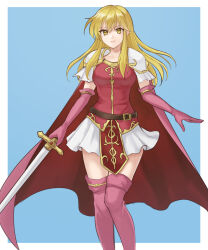 Rule 34 | 1girl, belt, blonde hair, boots, cape, closed mouth, elbow gloves, fire emblem, fire emblem: genealogy of the holy war, gloves, hazuki (nyorosuke), highres, holding, holding sword, holding weapon, lachesis (fire emblem), long hair, looking at viewer, nintendo, shirt, sidelocks, skirt, solo, sword, thigh boots, weapon, white skirt, yellow eyes