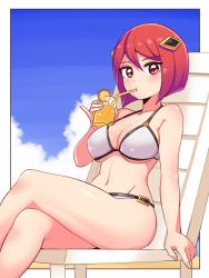 Rule 34 | 1girl, azure striker gunvolt, azure striker gunvolt 2, beach chair, bikini, blue sky, blunt ends, bob cut, breasts, cleavage, cloud, cloudy sky, commentary, cougar (cougar1404), cup, day, drinking, drinking glass, drinking straw, hair ornament, halterneck, holding, holding cup, legs, looking at viewer, navel, nori (gunvolt), nowa (gunvolt), outdoors, pinky out, red eyes, red hair, short hair, sitting, sky, solo, swimsuit, white bikini