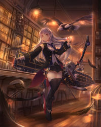 Rule 34 | 1girl, animal, azur lane, bar (place), bar stool, bell, bird, birdcage, black coat, black footwear, black skirt, blue neckwear, boots, bottle, bow (weapon), cage, ceiling light, clock, clothed animal, coat, cup, dark, delphi (ga2006230312), detached sleeves, drinking glass, eagle, enterprise (azur lane), feathers, flight deck, full body, hat, holding, holding cup, holding drinking glass, indoors, lens flare, light particles, long hair, long sleeves, looking to the side, miniskirt, necktie, open clothes, open coat, orange eyes, peaked cap, shelf, silver hair, skirt, standing, stool, thigh boots, thighhighs, unworn hat, unworn headwear, very long hair, weapon, white hat, wooden floor, zettai ryouiki