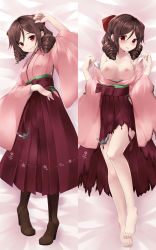 Rule 34 | 10s, 1girl, blush, boots, bow, breasts, breasts out, brown hair, cherry blossoms, cross-laced footwear, dakimakura (medium), drill hair, floral print, full body, hair bow, hair ribbon, hakama, hakama skirt, harukaze (kancolle), high heel boots, high heels, highres, japanese clothes, kantai collection, kimono, kochipu, looking at viewer, lying, meiji schoolgirl uniform, multiple views, nipples, on back, open clothes, pink kimono, red bow, red eyes, red hakama, red ribbon, ribbon, short hair, skirt, sleeves rolled up, torn clothes, twin drills, wide sleeves