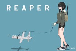 Rule 34 | 1girl, adidas, agm-114 hellfire, air-to-surface missile, anti-tank guided missile, anti-tank missile, artist name, atamonica, backpack, bag, bike shorts, black hair, black shorts, blue background, blue eyes, blunt bangs, blush, breasts, commentary, dated, drone, english commentary, firing, general atomics aeronautical systems, glasses, green sweater, highres, korean commentary, large breasts, leash, military, missile, mixed-language commentary, mq-9 reaper, original, precision-guided munition, round eyewear, shoes, short hair, short hair with long locks, shorts, sidelocks, sneakers, surface-to-surface missile, sweater, unmanned aerial vehicle, unmanned combat aerial vehicle, walking, white hood