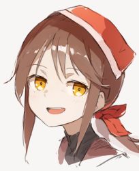 Rule 34 | 1girl, bow, brown hair, commentary request, falcon (girls&#039; frontline), girls&#039; frontline, hair bow, harufude, head scarf, looking at viewer, open mouth, ponytail, portrait, red bow, red headwear, sidelocks, simple background, smile, solo, yellow eyes