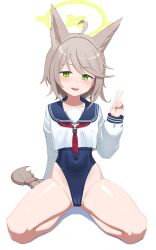 Rule 34 | 1girl, absurdres, ahoge, animal ears, black one-piece swimsuit, black sailor collar, blue archive, braid, collarbone, commentary, covered navel, extra ears, fox ears, green eyes, green halo, halo, highres, light brown hair, long hair, long sleeves, looking at viewer, neckerchief, one-piece swimsuit, open mouth, otogi (blue archive), red neckerchief, sailor collar, school uniform, serafuku, simple background, single braid, smile, solo, swimsuit, swimsuit under clothes, symbol-only commentary, v, very long hair, white background, whoning1