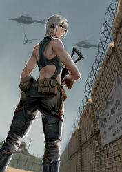 Rule 34 | 1girl, aircraft, barbed wire, earphones, english text, from below, green eyes, gun, helicopter, highres, holding, holding gun, holding weapon, jittsu, looking back, military, muscular, muscular female, original, pouch, russian text, weapon, white hair