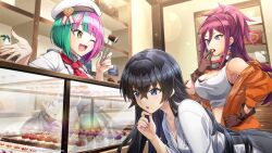 Rule 34 | 3girls, armpits, black hair, blue eyes, breasts, cake, cleavage, commentary request, dolphin wave, dougi, earrings, food, gloves, green hair, grey eyes, hagane otsuki, hand on own hip, hand on own chin, helly lewis, highres, jacket, jewelry, kurenashi yuuri, large breasts, long hair, midriff, multicolored hair, multiple girls, off shoulder, official art, one eye closed, ootomo takuji, open clothes, open jacket, open mouth, ponytail, purple hair, sharp teeth, shirt, short hair, t-shirt, teeth, two-tone hair, yellow eyes