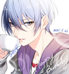 Rule 34 | 1boy, adam&#039;s apple, aoyagi touya, bishounen, black hair, blue hair, close-up, coffee cup, collarbone, cup, disposable cup, fingernails, grey eyes, grey jacket, habatatsuki, hair between eyes, hand up, happy birthday, holding, holding cup, hood, hood down, jacket, jewelry, lens flare, light blue hair, light particles, light smile, looking at viewer, male focus, mole, mole under eye, multicolored hair, necklace, open clothes, open jacket, parted lips, project sekai, purple hood, signature, simple background, split-color hair, straight hair, tsurime, upper body, white background