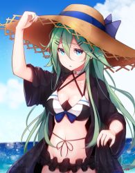 Rule 34 | 1girl, adapted costume, artist name, baileys (tranquillity650), bikini, black bikini, blue eyes, blush, breasts, collarbone, cowboy shot, day, green hair, groin, hair between eyes, hat, highres, kantai collection, long hair, medium breasts, navel, ocean, parted lips, signature, solo, sun hat, swimsuit, twitter username, water, yamakaze (kancolle)