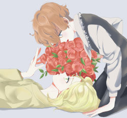 Rule 34 | 2boys, absurdres, allan twilight, androgynous, blonde hair, bouquet, brown hair, edgar portsnell, flower, highres, lipstick, looking at another, looking down, looking up, lying, makeup, mikan no jamu, multiple boys, poe no ichizoku, profile, purple background, red flower, red lips, red rose, rose, simple background, vest