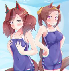 Rule 34 | 2girls, animal ears, blue one-piece swimsuit, blush, breast envy, breasts, brown hair, chromatic aberration, closed mouth, commentary, covered navel, cowboy shot, ear covers, ear ornament, frown, green eyes, hair ribbon, hair tie, hairband, hands on own chest, hands on own hips, highres, horse ears, horse girl, horse tail, huziiro matutya, long bangs, long hair, looking at viewer, medium breasts, medium hair, multicolored hair, multiple girls, nice nature (umamusume), one-piece swimsuit, orange ribbon, pink eyes, ponytail, ribbon, sakura bakushin o (umamusume), school swimsuit, side-by-side, size comparison, small breasts, smile, standing, streaked hair, swept bangs, swimsuit, tail, tracen swimsuit, twintails, umamusume, very long hair, yellow hairband