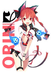 Rule 34 | 1girl, alternate costume, animal ears, black scarf, blouse, bow, braid, cat ears, cat tail, character name, contemporary, cowboy shot, extra ears, garter straps, ghost, green panties, hair bow, hitodama, kaenbyou rin, looking at viewer, multiple tails, open mouth, panties, pointy ears, red eyes, red hair, scarf, shirt, shirt tug, single thighhigh, solo, tail, taut clothes, taut shirt, tetsurou (fe+), thighhighs, thighs, touhou, twin braids, underwear, white shirt