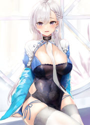 Rule 34 | 1girl, absurdres, alternate costume, azur lane, belfast (azur lane), belfast (iridescent rosa) (azur lane), belfast (iridescent rosa) (azur lane), between breasts, braid, breasts, broken, broken chain, chain, china dress, chinese clothes, cleavage, collar, commission, dress, earrings, heart, heart earrings, highres, jewelry, large breasts, lillly, long hair, open mouth, panties, parted lips, purple eyes, side-tie panties, silver hair, sitting, skindentation, smile, solo, thighhighs, thighs, underwear, white thighhighs, window