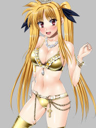 Rule 34 | 00s, 1girl, bad id, bad pixiv id, bikini, blonde hair, blush, body blush, breasts, chain, cleavage, cross, fate testarossa, frilled bikini, frills, full-face blush, highres, jewelry, large breasts, long hair, looking at viewer, lots of jewelry, lyrical nanoha, mahou shoujo lyrical nanoha, mahou shoujo lyrical nanoha strikers, necklace, open mouth, red eyes, sen (sansui), shiny skin, smile, solo, swimsuit, thighhighs, tiara, twintails, yellow bikini