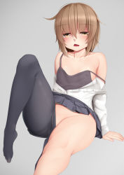 Rule 34 | 1girl, bad id, bad pixiv id, black pantyhose, black tank top, blush, brown eyes, brown hair, clothes pull, grey background, kantai collection, leg up, ne an ito, off-shoulder shirt, off shoulder, open clothes, open mouth, open shirt, pantyhose, pantyhose around one leg, pantyhose pull, shirt, short hair, simple background, sitting, skirt, solo, tank top, thighs, wakaba (kancolle), white shirt