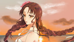 Rule 34 | 1girl, bare shoulders, bikini, black hair, braid, breasts, closed mouth, commentary, facial mark, fate/grand order, fate (series), flower, forehead mark, forehead tattoo, from side, hair flower, hair ornament, highres, jewelry, large breasts, light blush, lips, long hair, looking at viewer, looking to the side, multicolored hair, necklace, outdoors, parted bangs, pearl necklace, pink flower, pink hair, portrait, sessyoin kiara, sessyoin kiara (swimsuit mooncancer), sessyoin kiara (swimsuit mooncancer) (first ascension), shell, shell necklace, solo, sshr chestnut, streaked hair, sunset, swimsuit, twin braids, white bikini
