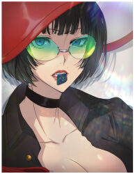Rule 34 | 1girl, black choker, black hair, blue eyes, breasts, choker, cleavage, collarbone, green-tinted eyewear, guilty gear, guilty gear strive, hat, highres, hitsuji kusa, holding, holding plectrum, i-no, large breasts, looking at viewer, mole, mole above mouth, mouth hold, plectrum, red headwear, red lips, short hair, sunglasses, tinted eyewear, witch hat