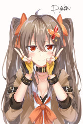 Rule 34 | 1girl, absurdres, ahoge, artist name, black gloves, bow, breasts, brown hair, brown jacket, butterfly hair ornament, choker, cleavage, copyright request, fingerless gloves, gloves, hair ornament, hands up, highres, indie virtual youtuber, jacket, looking at viewer, orange bow, red eyes, ryuka, simple background, smile, solo, twintails, two-tone gloves, upper body, virtual youtuber, white background, wristband, yellow gloves