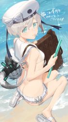 Rule 34 | 10s, 1girl, anniversary, aqua eyes, bare legs, bikini, breasts, butt crack, clothes writing, colored eyelashes, enemy naval mine (kancolle), from above, hat, hayashi kewi, kantai collection, light smile, looking at viewer, midriff, mouth hold, sailor bikini, sailor collar, sailor hat, sand, sandals, short hair, silver hair, small breasts, solo, string bikini, swimsuit, tentacles, translated, untying, water, white bikini, white hat, z1 leberecht maass (kancolle)