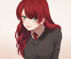 Rule 34 | 1girl, breasts, closed mouth, green eyes, gryffindor, harry potter (series), kurosujuu, leaning forward, lily evans, long hair, long sleeves, looking at viewer, necktie, red hair, red necktie, school uniform, smile, solo, sweater, upper body, wizarding world