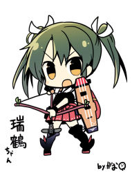 Rule 34 | 10s, 1girl, :o, arrow (projectile), bow (weapon), character name, chibi, flight deck, green hair, hair ribbon, holding, japanese clothes, kantai collection, long hair, muneate, open mouth, orange eyes, ribbon, simple background, skirt, solo, thighhighs, twintails, weapon, white background, white ribbon, yuzuki gao, zuikaku (kancolle)