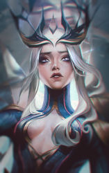 Rule 34 | 1girl, black bodysuit, blue eyes, blurry, blurry background, bodysuit, breasts, character request, collaboration, grey background, grey hair, hair ornament, league of legends, long hair, medium breasts, parted bangs, parted lips, red lips, syndra, teeth, third cookie, upper body, zoe (crownsforkings)
