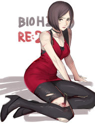 Rule 34 | 1girl, ada wong, black hair, blush, bob cut, breasts, brown eyes, cleavage, dress, high heels, highres, large breasts, looking at viewer, pantyhose, red dress, resident evil, resident evil 2, resident evil 2 (remake), short hair, simple background, solo, tetsu (kimuchi), torn clothes, torn pantyhose