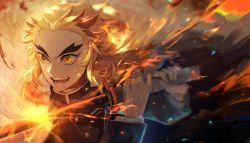 Rule 34 | &gt;:), 1boy, absurdres, anrisanya, blonde hair, cape, colored tips, flaming sword, flaming weapon, forehead, forked eyebrows, furrowed brow, gakuran, high collar, highres, katana, kimetsu no yaiba, light particles, long hair, long sleeves, male focus, multicolored hair, open mouth, orange eyes, red hair, rengoku kyoujurou, school uniform, solo, sword, teeth, thick eyebrows, tsurime, upper body, weapon, white cape